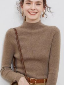 Autumn Winter Thickened Cashmere Knitted Sweater Womens Half High Collar Woolen Top Fashionable Inner Wear Base Layer Shirt