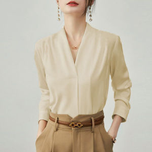 White Silk Feel Shirt Womens V Neck Long Sleeve Spring Summer New Style Commute Friendly Office Wear Large Size Blouse