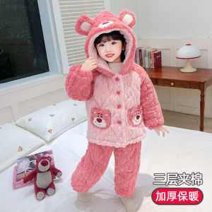 Kids Pajamas Coral Fleece Winter Thickened Girl Three-Layer Quilted Fleece-lined Heattech Baby Girl Loungewear Suit