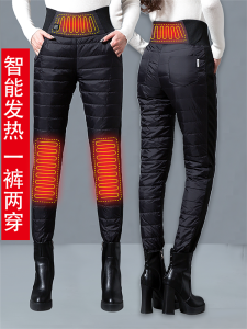 Thickened Heating down Trousers Womens Winter Outerwear High Waist Long Pants Warm Fleece Lined Duck down White Cotton Trousers