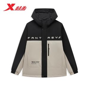 XTEP Mens Sporty Cotton Jacket Winter New Loose Fit Hooded Top Warm Polyester Fiber Zipper Closure Regular Length