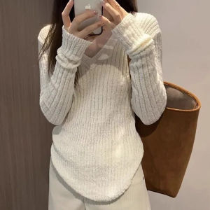 White Slim Fit Long Sleeve V-Neck Knitted Base Shirt Womens Spring Design Inner Wear Top Stylish Casual Solid Color T-Shirt