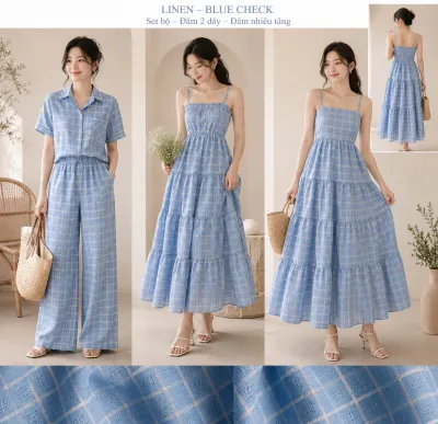 Vải Linen Cotton Xanh Biển Dệt Ô Caro 2CM Mềm Rũ Khổ 1m40