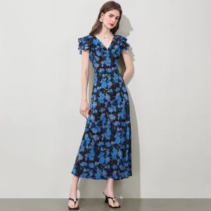 Mo | Elegant French Floral Silk V-neck Slimming Waist Flying Sleeve Summer Dress High Waist Gauzy Short Sleeve Zipper Back Women