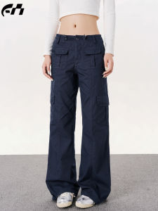 Low Waist American Style Work Pants Womens Autumn 2025 New Indigo Color Multiple Pockets Small Size Slim Straight Casual Pants