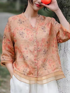 Retro Artistic Dyed Print V-Neck Thin High-End Mulberry Silk Seven-Sleeve Loose Womens Shirt Summer Fashion Commute Style