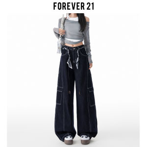 Forever 21 High Waist Draped Wide Leg Knife Edge American Style Workwear Denim Blue Womens Jeans Fall Commute Loose Fit