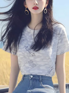 Áo Thun Nữ Mùa Hè in Họa Tiết Tay Ngắn Rộng Rãi Đa Năng Thời Trang Phong Cách Hàn Quốc Cotton Thường Ngày Cổ Tròn