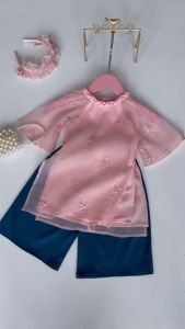 (4-64kg) Áo Dài Cách Tân Tơ Hồng Thêu NHÍM XÙ KIDS Cho Bé Gái 6 Tháng - 8 Tuổi Chất Voan Pháp AD143