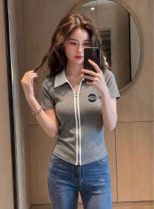 Áo thun nữ cổ bẻ phối màu khóa kéo trước - Form ôm body co giãn 4 chiều Freesize 35kg - 55kg