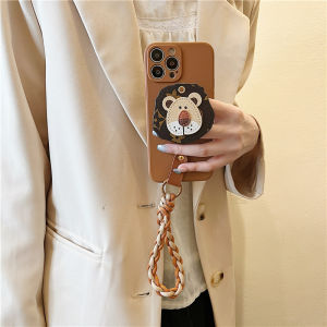 Silicone Lion Stand Mobile Phone Case Crossbody S23 Ultra S23+ S22+ S21 Ultra S25 Trendy Samsung Phone Cover with Strap