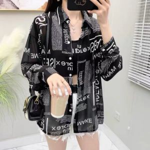 Alphabet Print Voile Thin Long Mid Length Student Womens Korean Style Sunscreen Coat