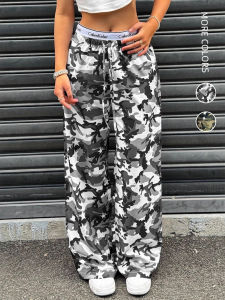 High Waist Camouflage Straight Leg Pants Lace up Casual Trousers for Women Polyester Fiber Low Waist Military Style