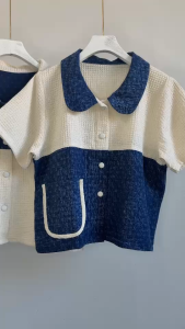 เสื้อผ้าฝ้าย เสื้อแขนสั้น คอบัว ทูโทน ผ้าฝ้ายทอรังผึ้งสีธรรมชาติ ผ้าฝ้ายทอลายในตัวทำสโตน ผ้านุ่มมาก