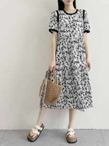 High Waist Loose Fit Summer Thin Cotton Silk Dress for plus Size Women Casual Style Spliced Floral Pattern A-Line Dress