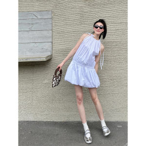 Elegant Pleated Silhouette Dress Womens Summer Belted Shoulder Bared Flower Bud Short Skirt Garish Floral Print Gown