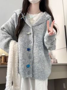 เสื้อคาร์ดิแกนถักแขนยาวทรงหลวมสไตล์ลำลองสำหรับผู้หญิง ฤดูใบไม้ร่วง 2025 ผ้าขนสัตว์ผสมโพลีเอสเตอร์ ปกโปโล ปกโปโล