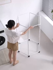 ราวตากผ้า ราวแขวนผ้า ราวแขวนเสื้อผ้า hanger stand ทรงหกเหลี่ยม มีล้อ พร้อมชั้นวาง เคลื่อนย้ายง่าย มัลติฟังก์ชั่น