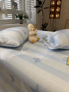 Suxuan | Fresh Blue Butterfly Printed Cotton Linen Blend Bed Sheet