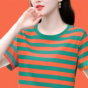Pure Cotton Short Sleeve T-Shirt Womens Loose Fit Shoulder Top Summer Style Moms Casual Wear Korean Version Slimming Top