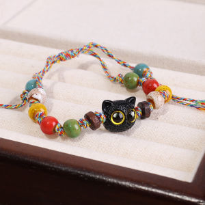 Fashion Cute Cat Ceramic Braided Rope Bracelet Womens Niche Design Chinese Style Tassel Couple Color Bracelet