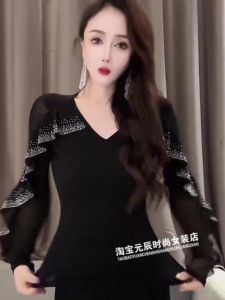 Fashionable Long Sleeve Mesh Base Shirt Womens Style Korean Version Spring New Slimming Diamond Heat Transfer Top