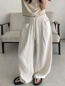 SunYeo Linen Cotton Casual Pants Womens Loose Elastic Waist Straight Leg Wide Leg Pants Summer New Style Simple Commute Style