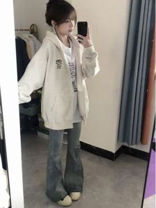 Girls Oversize Hooded Open Cardigan Sweatshirt Fleece Lined Spring Autumn White Grey Lazy Childrens Jacket Casual Cotton