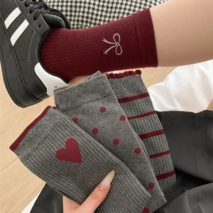 Ankora Red Middle Tube Socks Cotton Bow Stripe Korean Stocking Women Girls Kawaii Bowknot Gray Socks