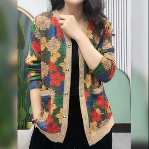 Women’s Long-sleeved Knitted Cardigan Middle-aged and Elderly New Korean V-neck Loose Printed Sweater Jacket for Women