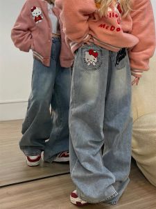 Kitty Cat Cartoon Embroidered Loose Wide Leg Jeans High Waist Womens Denim Pants Spring 2025 New Style American Vibe