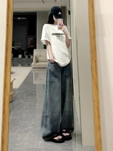 Quần Jeans Ống Rộng Cạp Cao Dài Đến Sàn Phong Cách Retro Cho Nữ Mùa Xuân Thu Quần Ống Thẳng Dài Đến Sàn