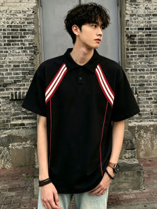 OUMULONG | Mens Black American Stripes Polo Shirt Color Blocking