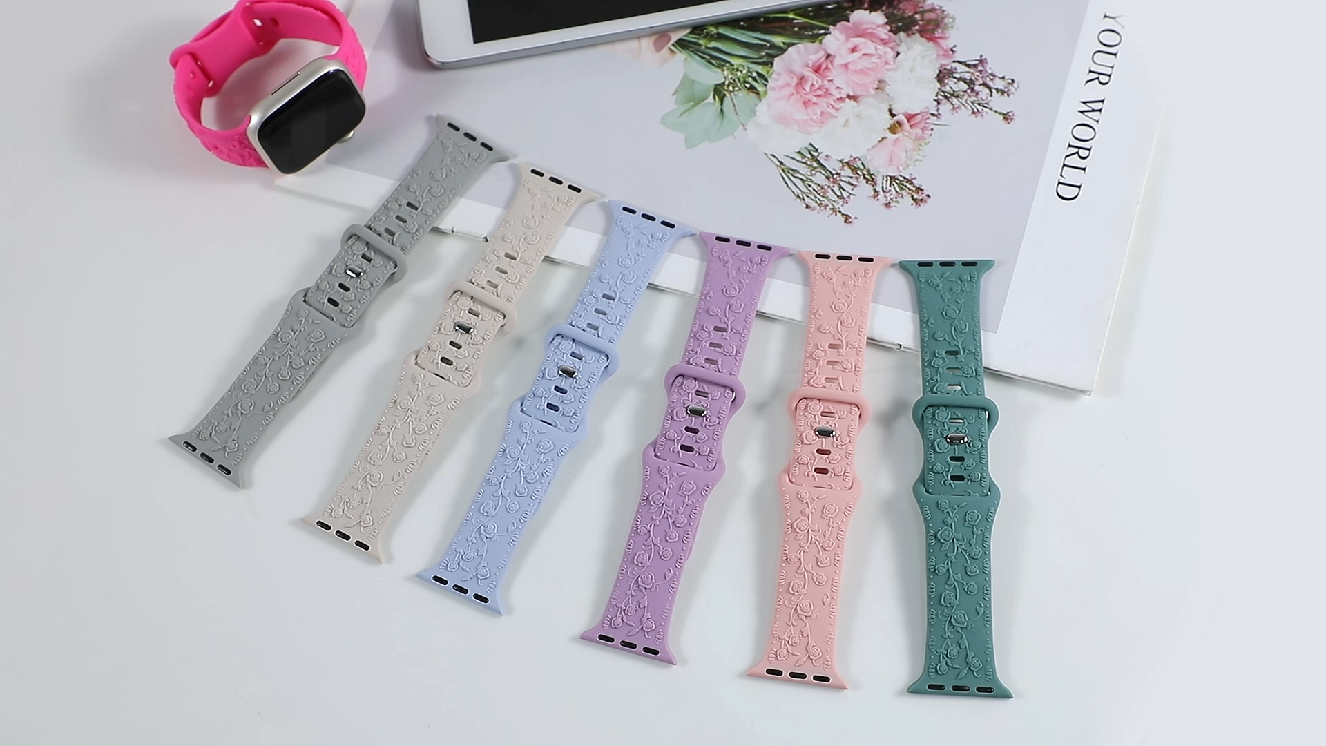 Floral Printed Engraved Soft Rubber Strap for Apple Watch Ultra / Series 11 10 9 8 7 6 SE Bands All Sizes 38-49mm for Women