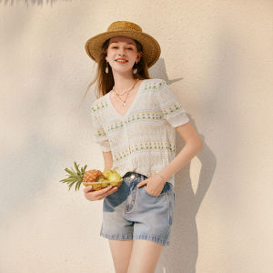 XIANGYING | Lace Hollow V-Neck Linen Lightweight Knit Top