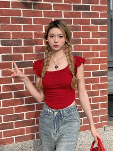 เสื้อยืดแขนสั้นผู้หญิง ทรงเข้ารูป แขนกระดิ่ง หลังเปิด ผูกโบว์ ทรงสั้น เสื้อผ้าทำงานฤดูร้อน แฟชั่นสตรีท ลำลอง