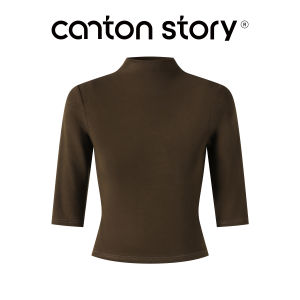 Cantonstory | Áo Thun Nữ Áo Sơ Mi Cổ Trụ Dài Một Phần Tay Ôm Body Mùa Thu Màu Xám