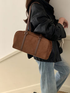 Korean Style Suede Shoulder Bag Women Large Capacity French Bread Tote Bag Lazy Commuting Handbag Double Strap Youth Commute