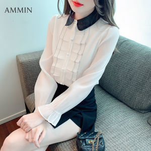 Ammin Phong Cách Hàn QuốC Dài Tay Retro xù xếp nếp xếp li nối áo sơ mi thêu cho phụ nữ 2023 mới mỏng linh hoạt cổ áo búp bê đa năng Áo voan sang trọng