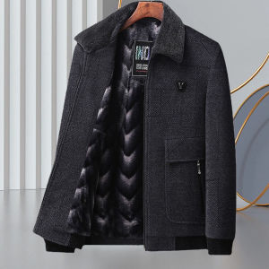 QBELY Winter New Mens Coat with Thickened and Thickened Chenille Wool Business Casual Coat with Fur Collar Fashion Windproof Coat