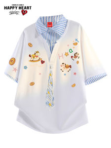 CHARLES JANGS HAPPY HEART | Fake Two-Piece Notch Collar Short Sleeve T-Shirt Summer Graffiti Style Couple