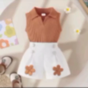 Fashion Anak Pakaian Anak Setelan Anak Perempuan Polo Knit Lekbong Usia 1-5 Tahun Celana Pendek Bahan Scuba Dengan Desain Bunga Di Bagian Depan