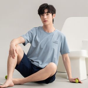 MiiOW | Mens Summer New Casual Lightweight Short Sleeve Long Pants Pure Cotton Pajamas Set Comfortable Skin-friendly Home Clothes