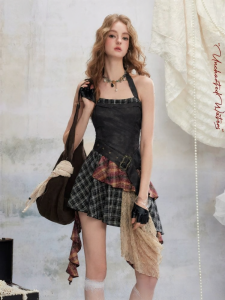 unifree | Đầm Quây Nối Chắp Màu Đậm Nhạt Đối Chiếu Thắt Éo Phong Cách Retro