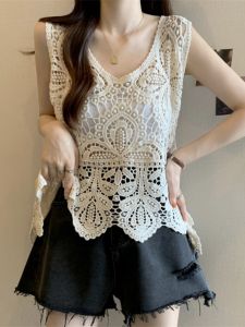 Loose Womens Knitted Vest Hollow out V-Neck Sleeveless Top Korean Style Outerwear Inner Match Large Size Hook Flower