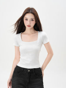 Áo Thun Cotton Tay Ngắn Cổ Vuông Màu Trắng Cho Nữ Mùa Hè 2025 Dáng Ôm Vừa Vặn Dài Ngắn Thường Ngày Chất Liệu Cotton Nguyên Chất