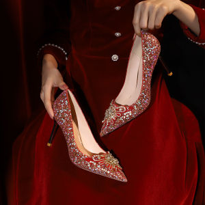 Chic Chinese Style Crystal Wedding Shoes for Women Two-Way Wear Red High Heels Sensual Star Pattern Sharp Point Fashionable