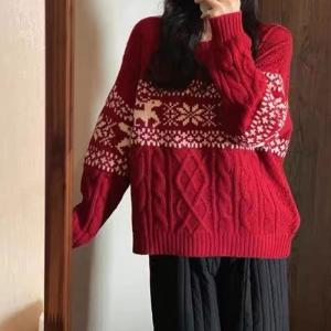 Christmas Red Knitted Pullover Sweater Womens Vintage Style Geometric Patchwork Thickened Polyester Fiber Top