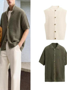 Spring New Casual Knitted round Neck Texture Shirt Vest Mens Fashion Urban Style Short Sleeve Single Button Standard Fit