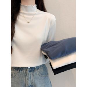 Thickened Fleece Double-sided Velvet Long Sleeve Half High Collar Base Shirt Women Autumn Winter Slim Fit Inner Wear T-shirt